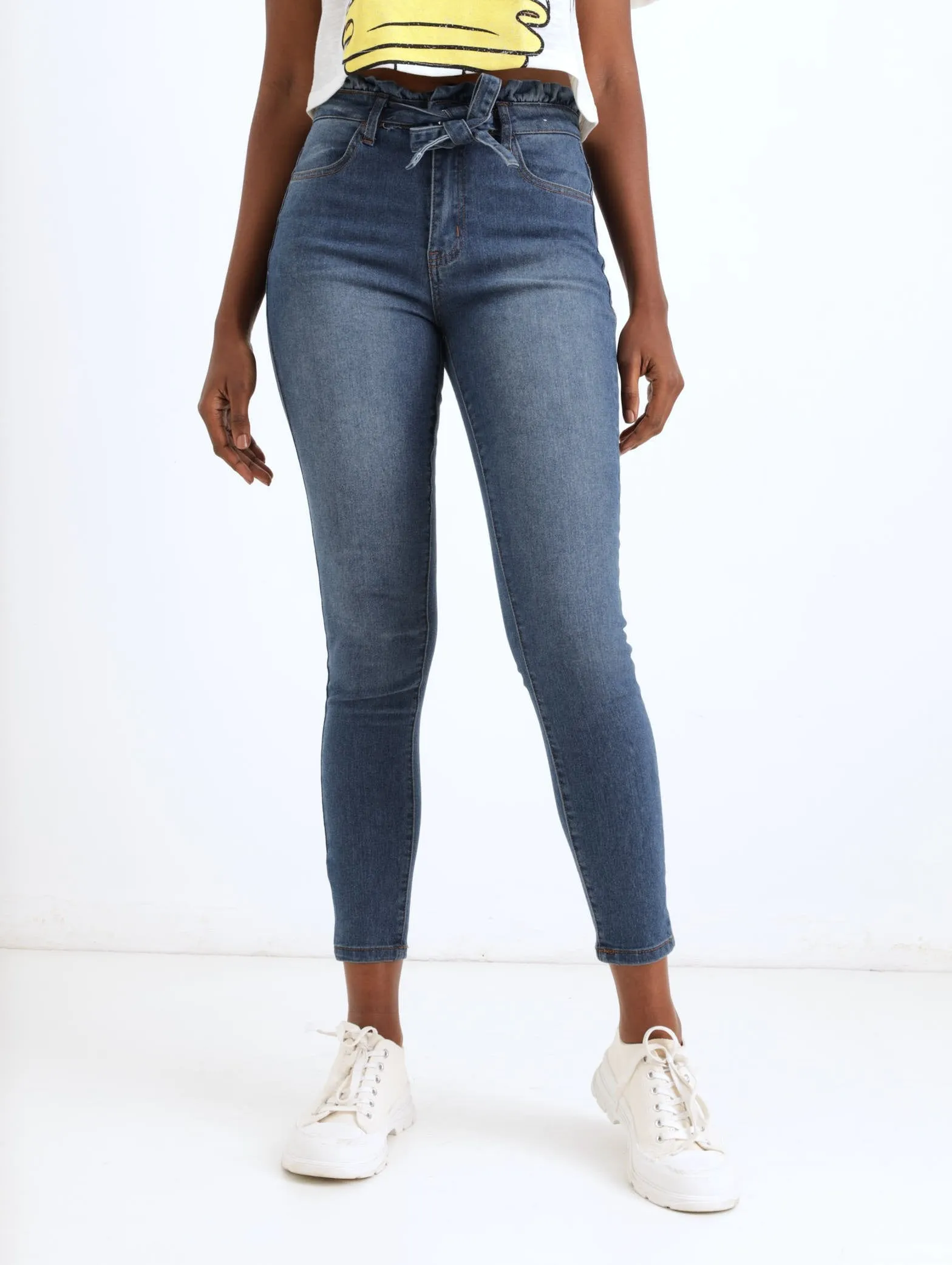 ladies Stonewash Frill Wide Bottom Tie Belt Skinny Denim Jean sold by Edgars
