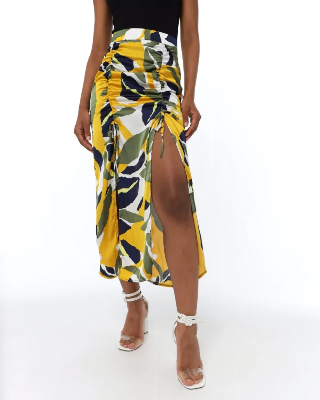 Ladies Rouch Front Midi Skirt - Yellow sold by Edgars