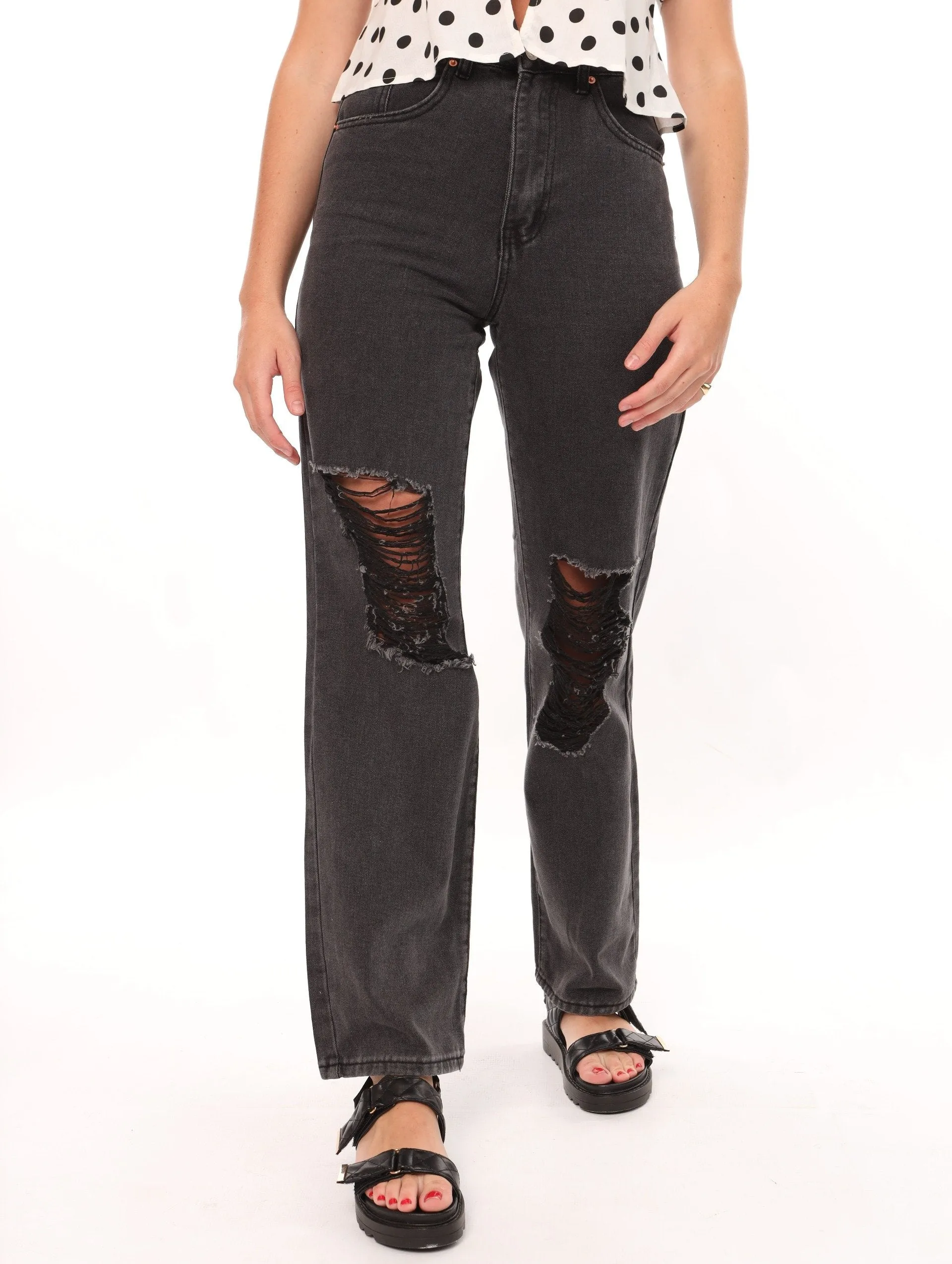 Ladies Black Ripped Rigid Denim Mom Jean sold by Edgars