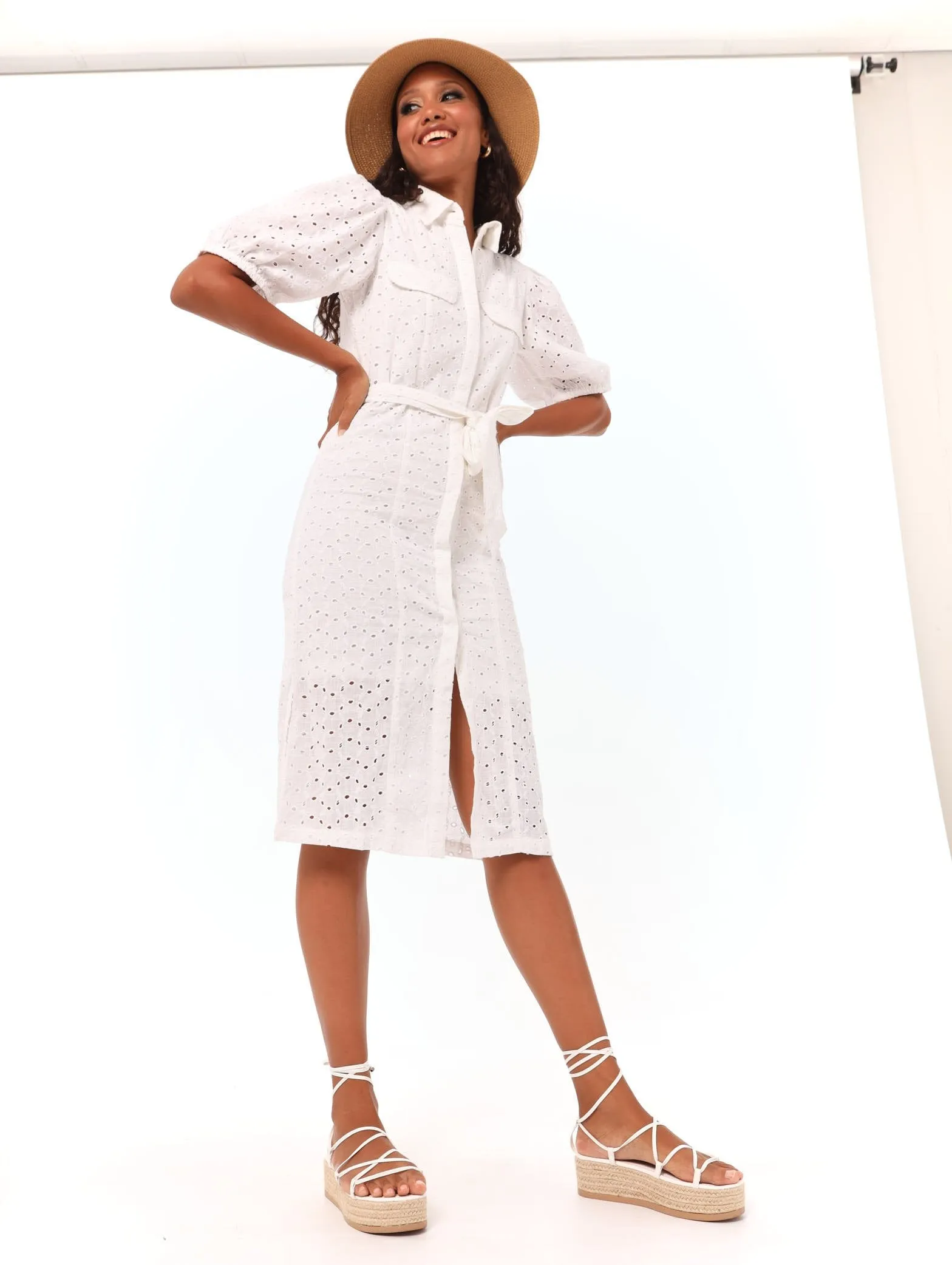 Ladies Anglaise Puff Sleeve Shirt Dress - White sold by Edgars