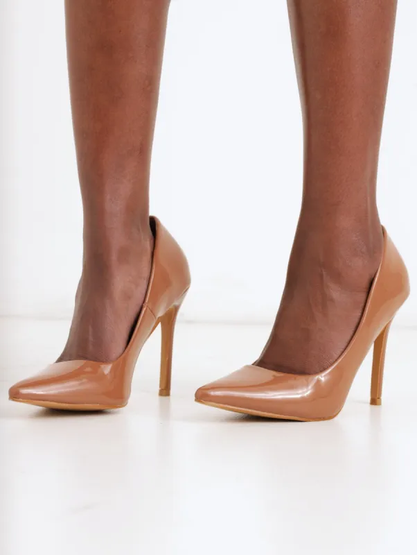 Ladies Patent Pointy Heel - Camel sold by Edgars