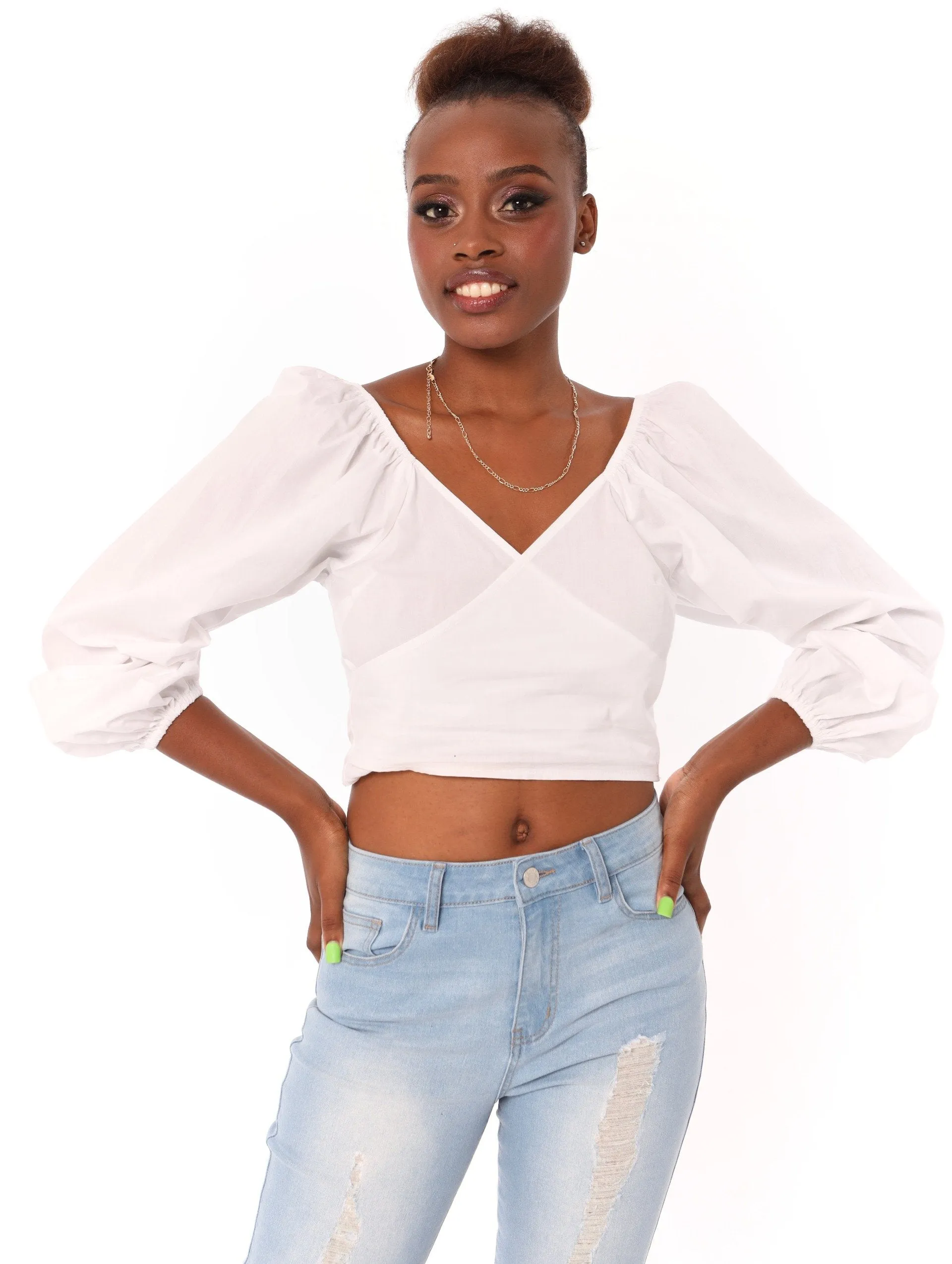 Ladies Crossover Front Puff Sleeve Blouse - White sold by Edgars