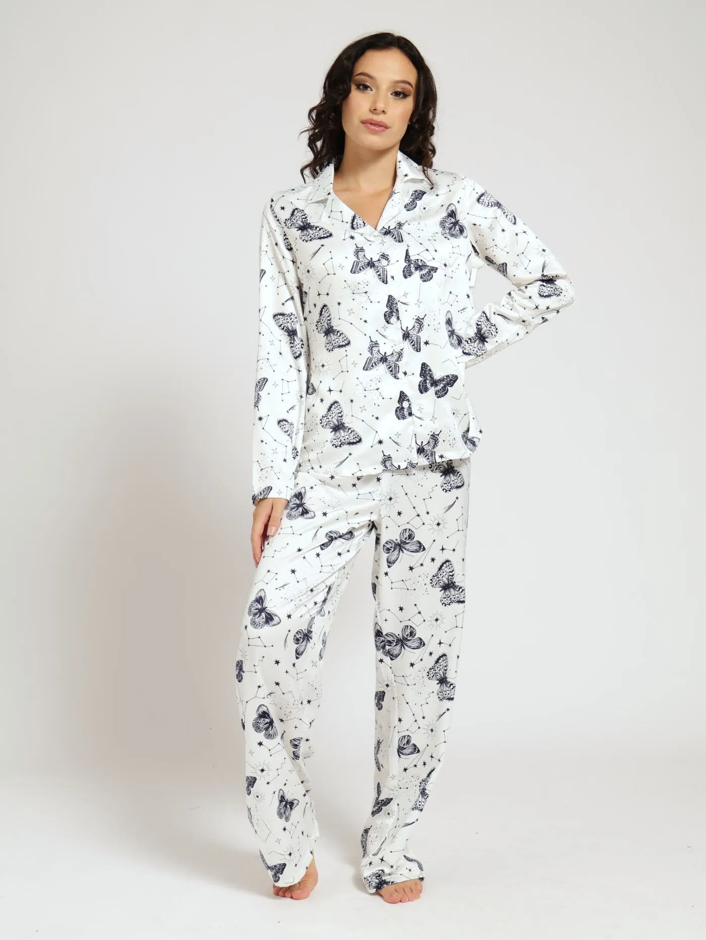 Long Sleeve Satin Button Through Shirt & Pants Pj Set - White sold by Edgars