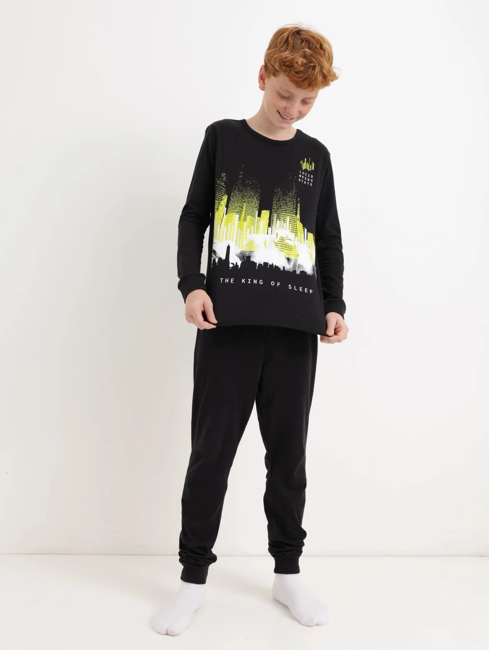 Boys Long Sleeve Sleeping King PJ Set - Black sold by Edgars