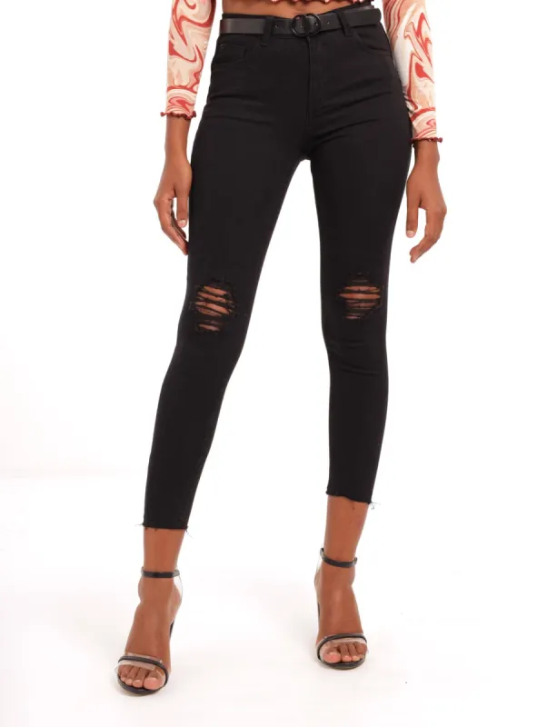Ladies Pushup Belted Skinny Jean - Black sold by Edgars