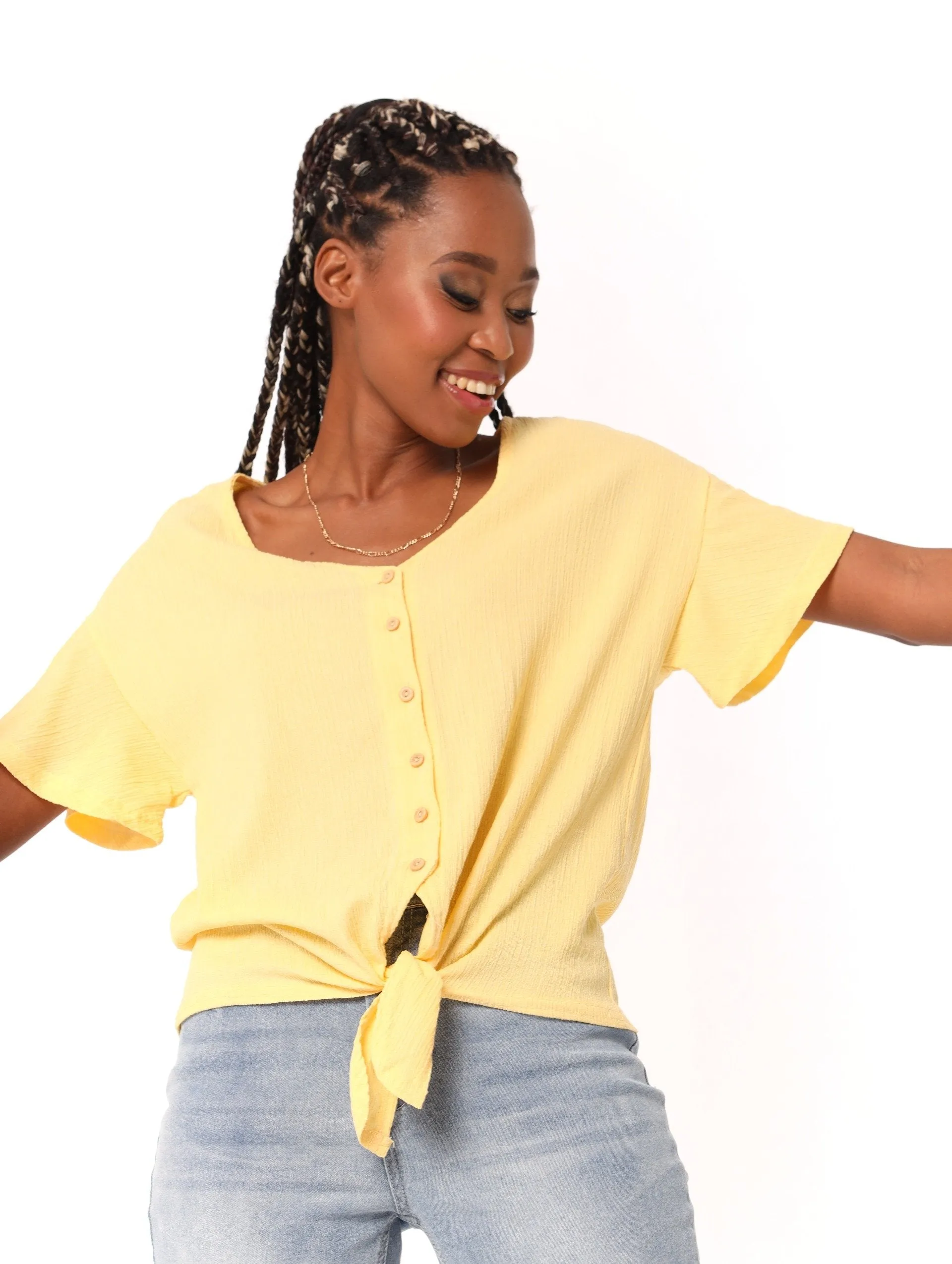 Ladies Button Tie Front Tee - Yellow sold by Edgars