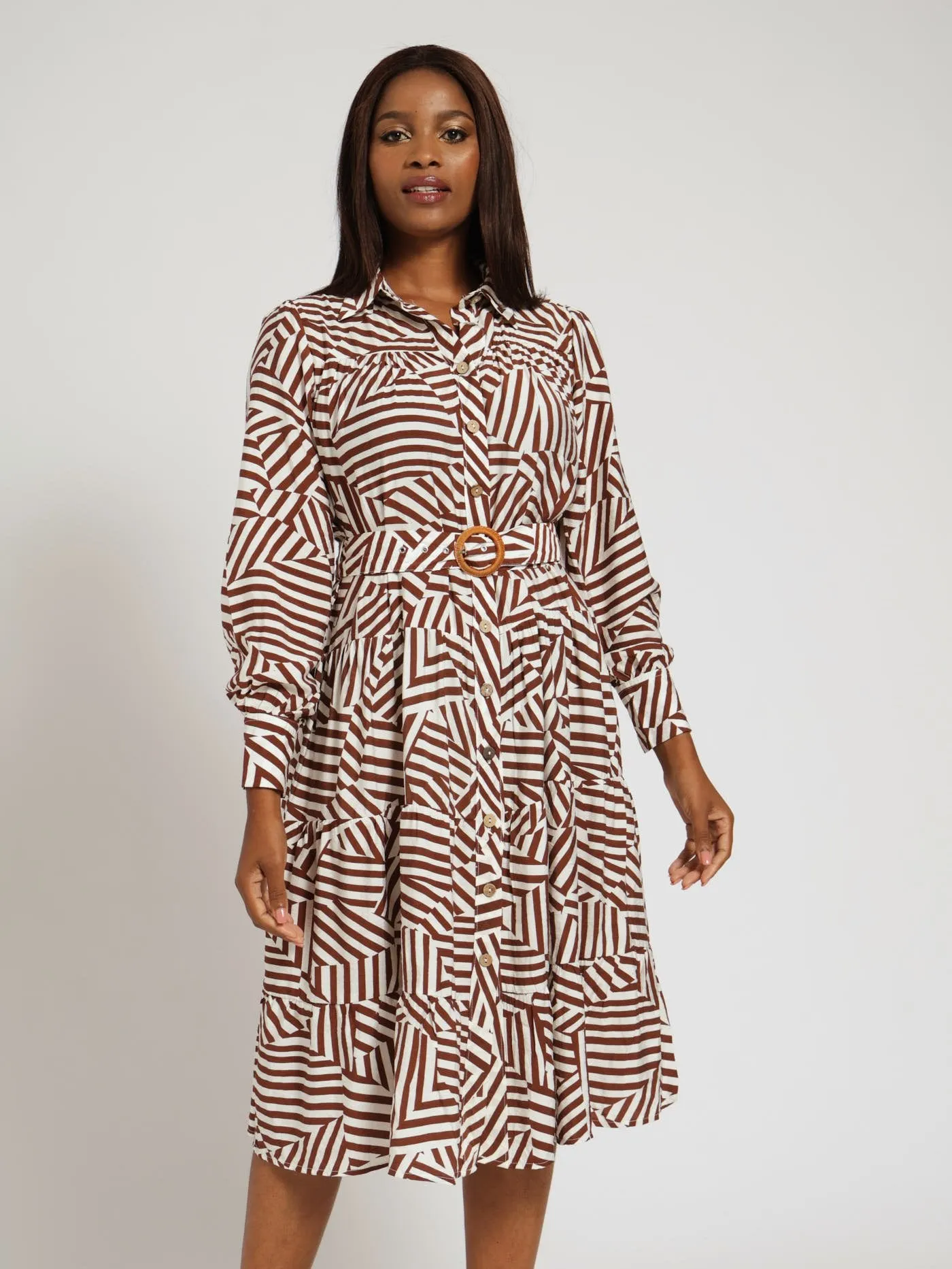 Long Sleeve Belted Tiered Maxi Shirt Dress - Brown/White sold by Edgars