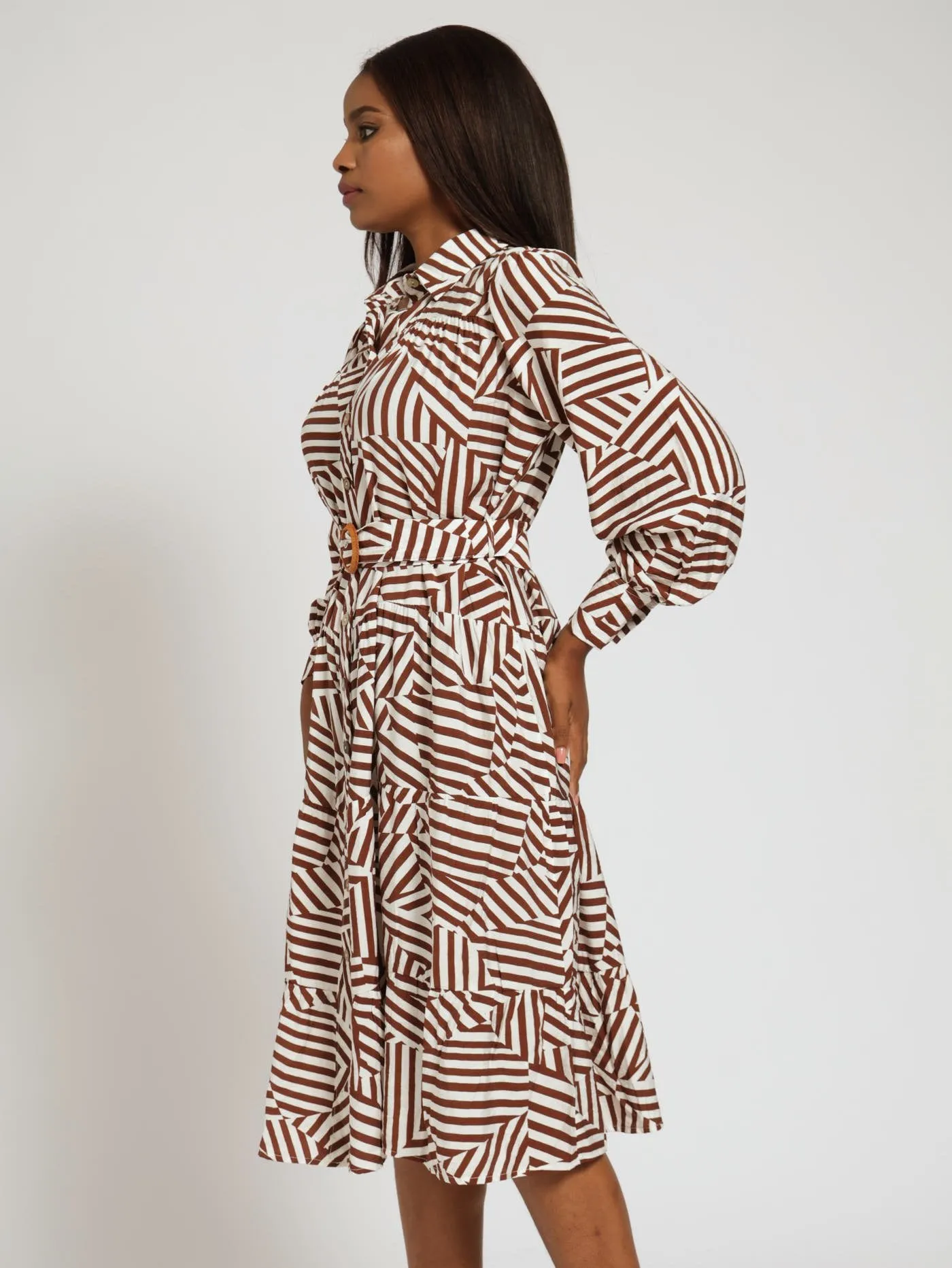 Long Sleeve Belted Tiered Maxi Shirt Dress - Brown/White sold by Edgars product image thumbnail 2