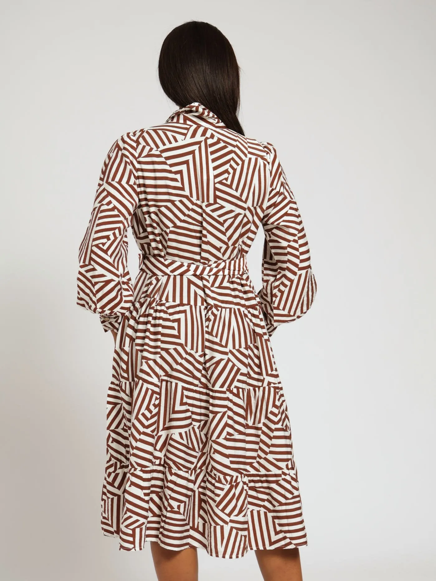 Long Sleeve Belted Tiered Maxi Shirt Dress - Brown/White sold by Edgars product image thumbnail 3