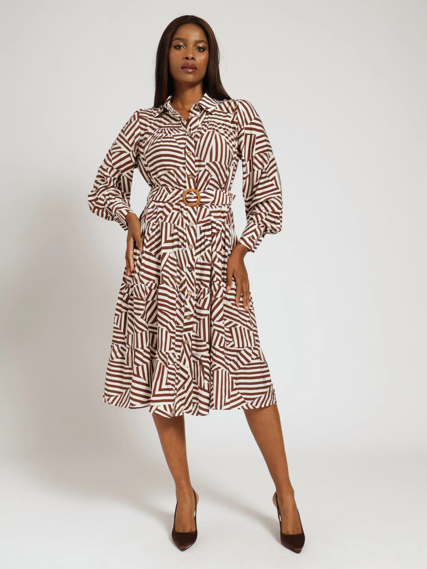 Long Sleeve Belted Tiered Maxi Shirt Dress - Brown/White sold by Edgars product image thumbnail 4