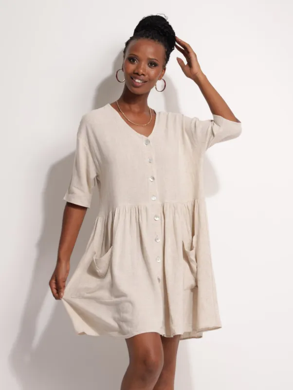 Ladies Loose Button Through Linen Dress - Natural sold by Edgars