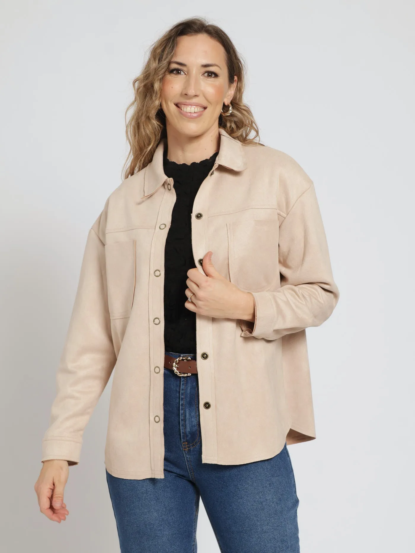 Long Sleeve Suede Shirt With Pockets - Stone sold by Edgars