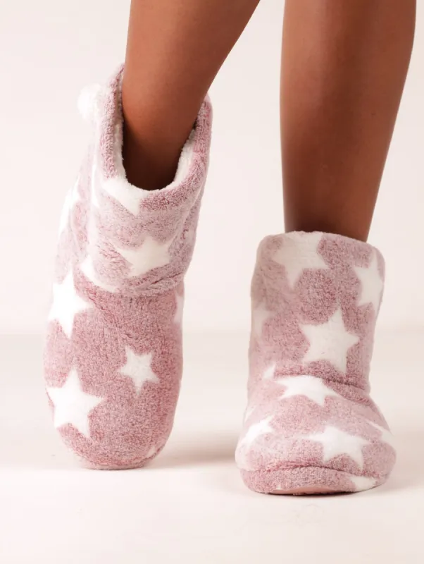 Ladies Star Print Bootie Slipper - Dark Pink sold by Edgars