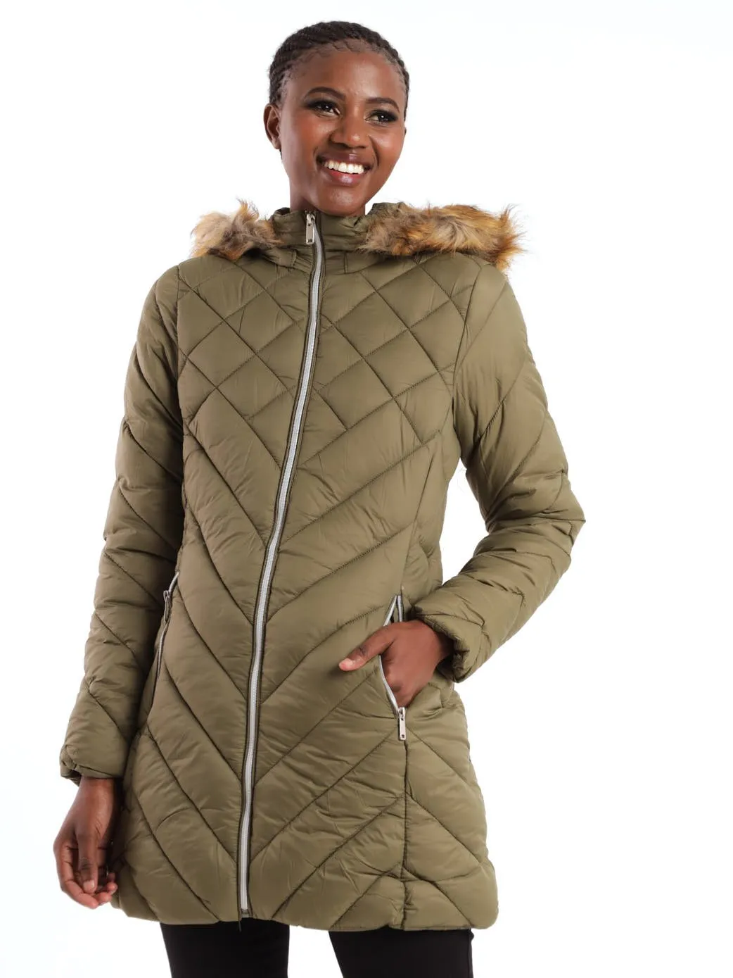 Ladies Fur Trim Diamond Down Quilted Jacket - Black sold by Edgars