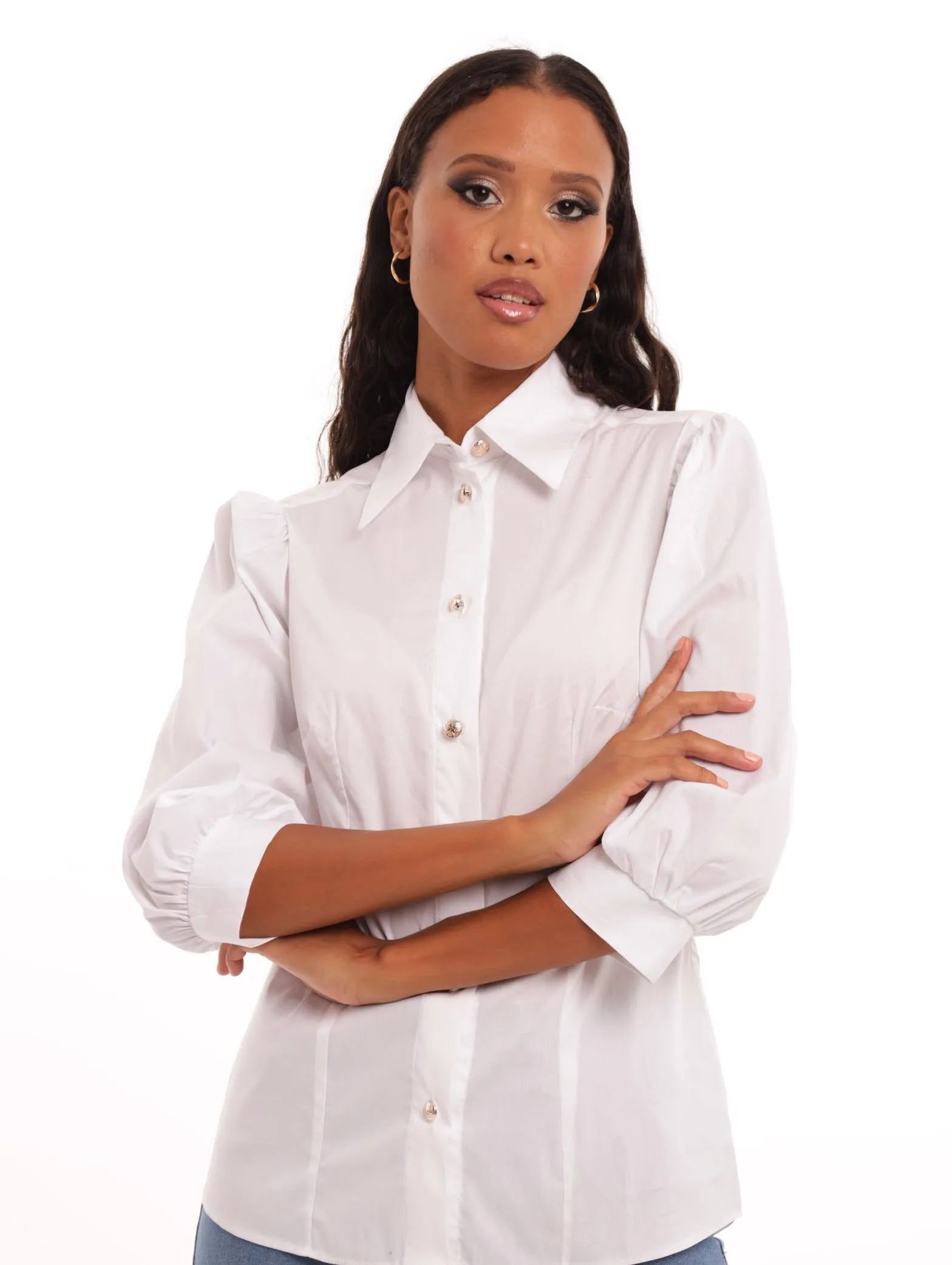 Ladies Slim Fit Gold Button Detail Shirt - White sold by Edgars