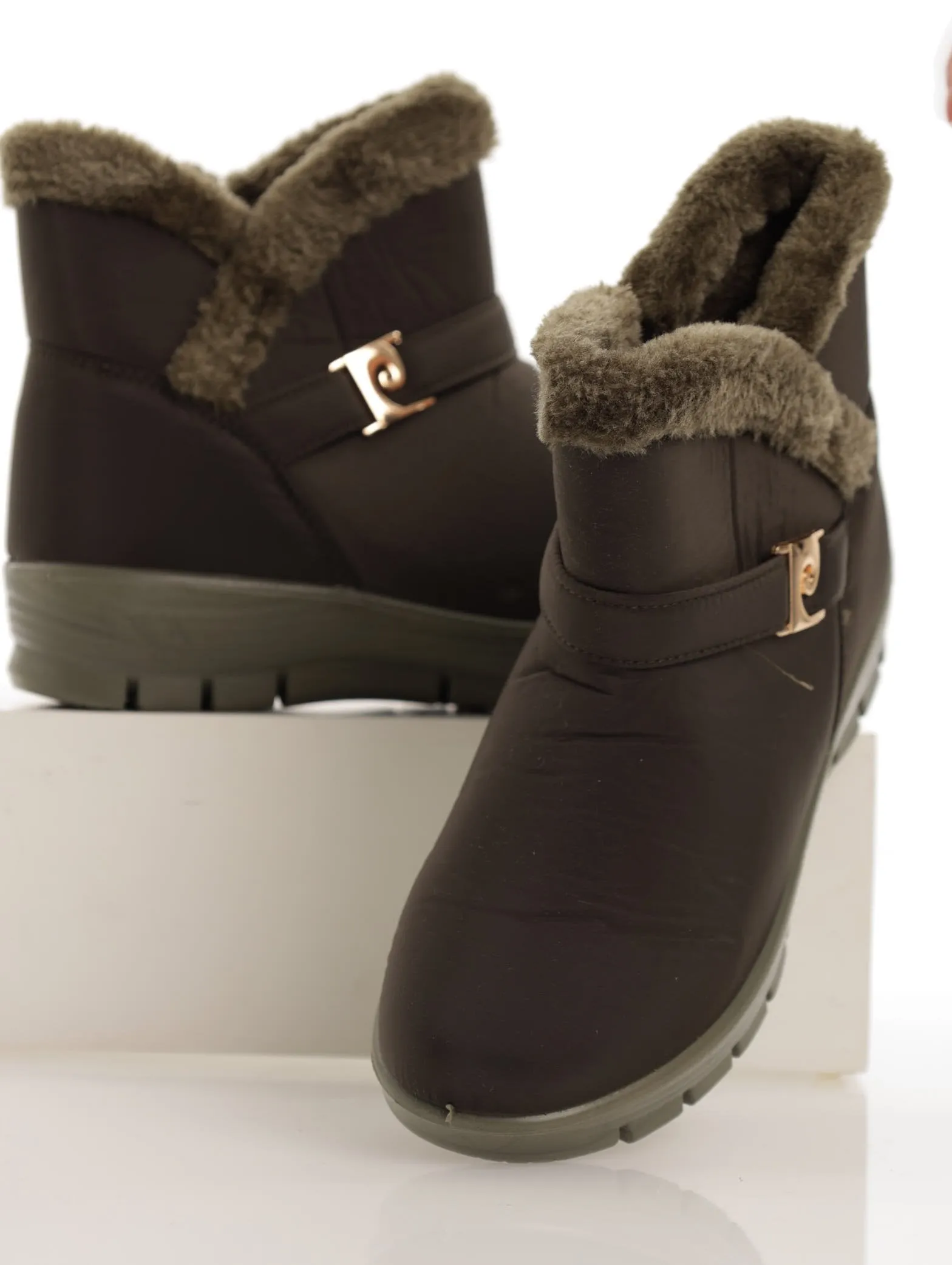 Ladies Nylon Fur Ankle Boot - Olive sold by Edgars