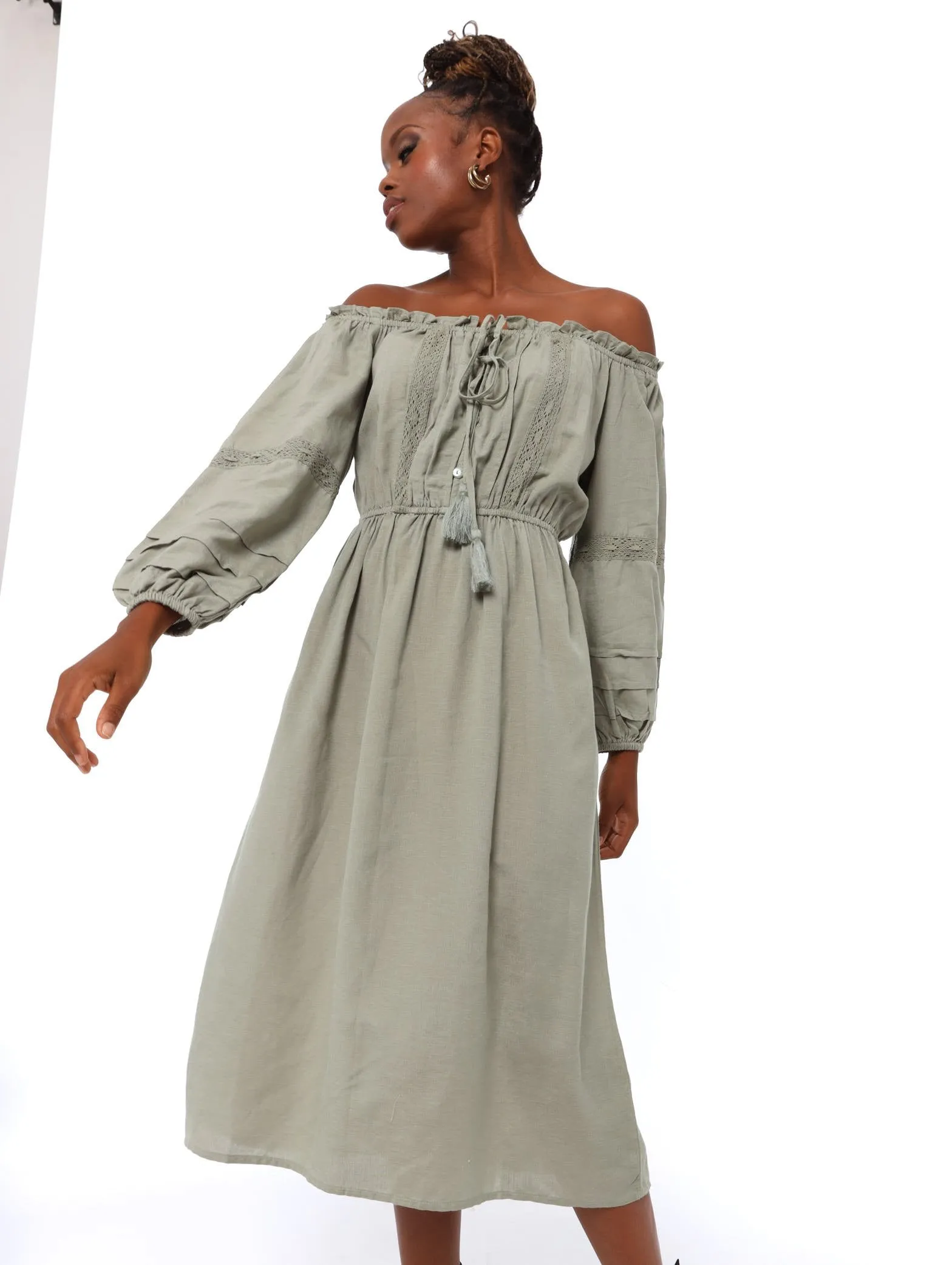 Ladies Lace Trim Waisted Bardot Midi Dress - Sage sold by Edgars