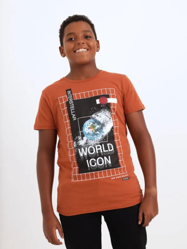 Boys Short Sleeve World Icon Tee - Brown sold by Edgars