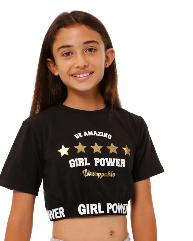 Big Girls Embossed Elastic Hem Tee - Black sold by Edgars