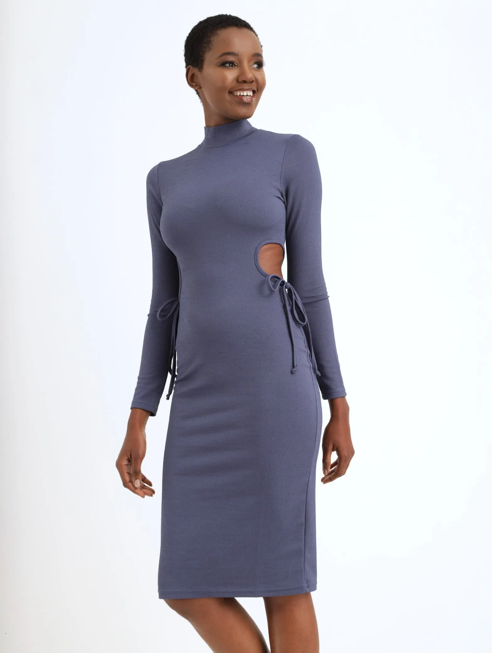 Ladies Long Sleeve Cut Out Side Tie Midi Dress - Ink sold by Edgars