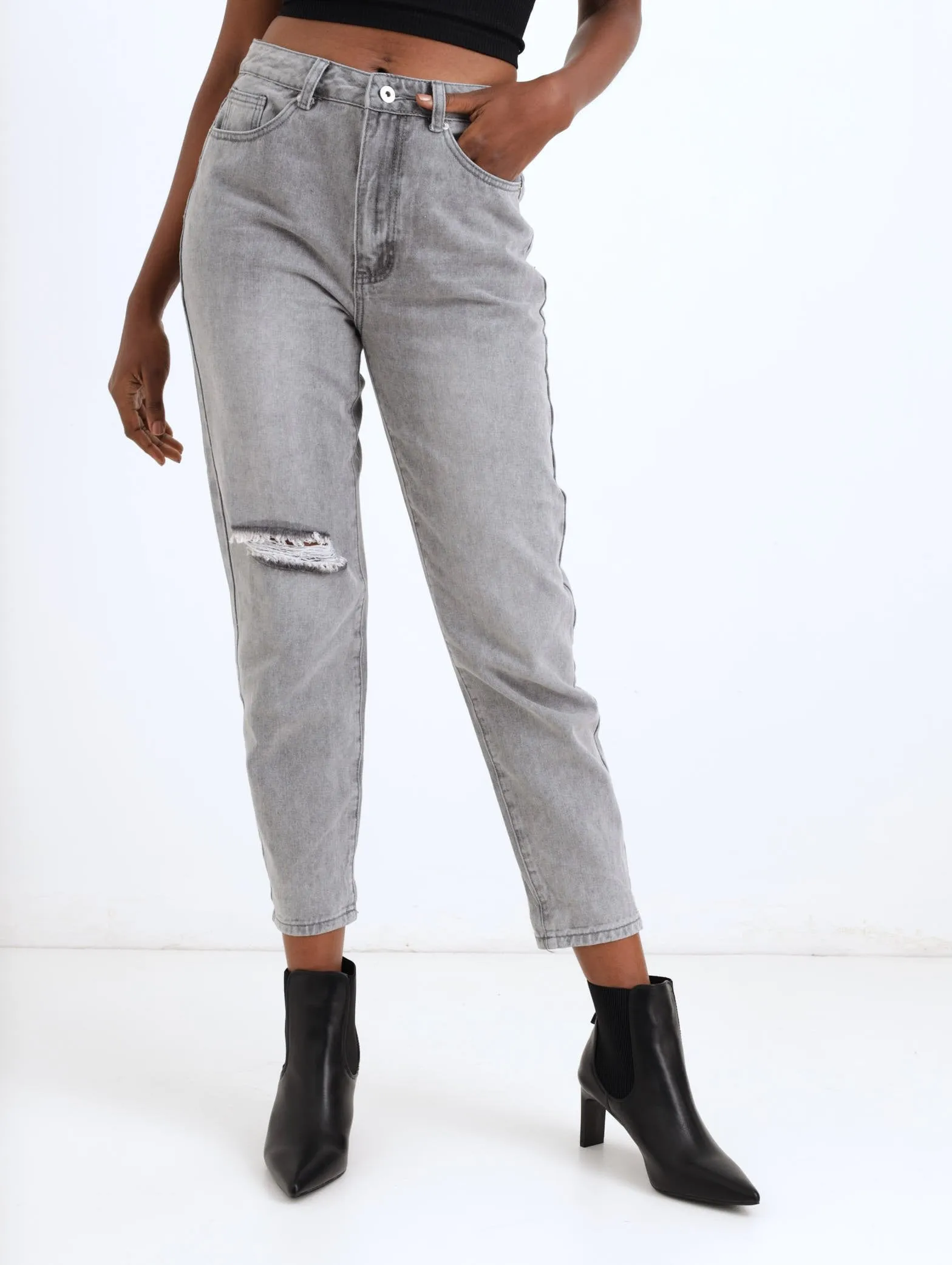 Ladies Grey Slash Knee Mom Denim Jean sold by Edgars