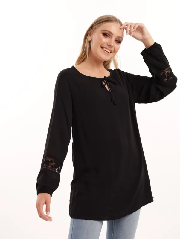 Ladies Pintuck Lace Inset Tunic Top - Black sold by Edgars