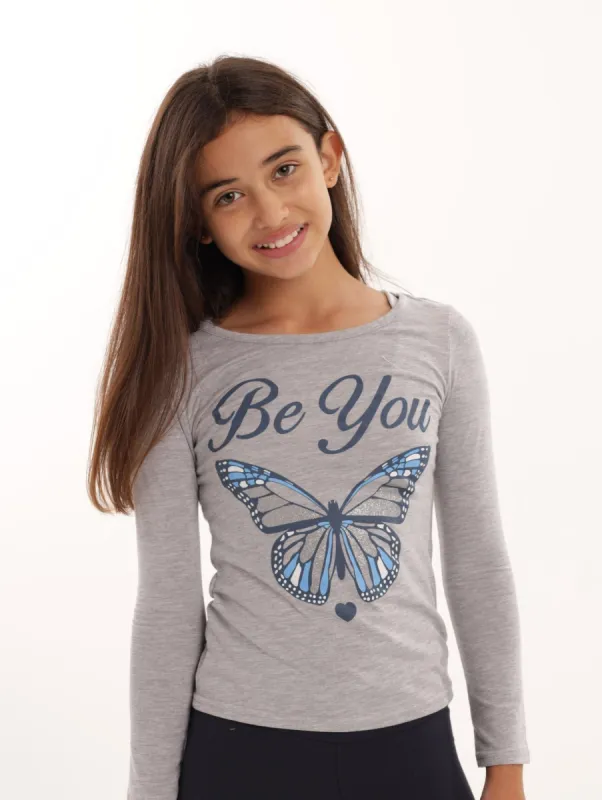 Girls Long Sleeve Print Tee - Grey Melange sold by Edgars