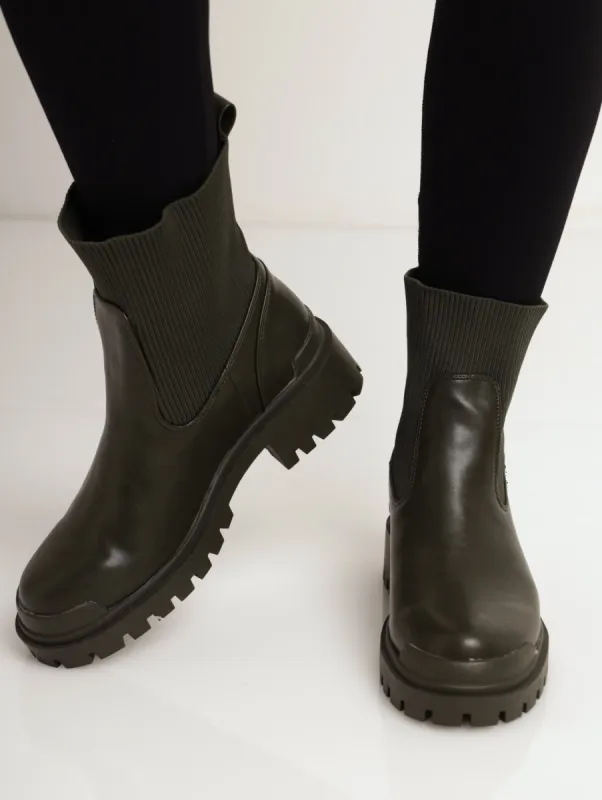 Ladies Ribbed High Ankle Boot On Chunky Sole - Fatigue sold by Edgars