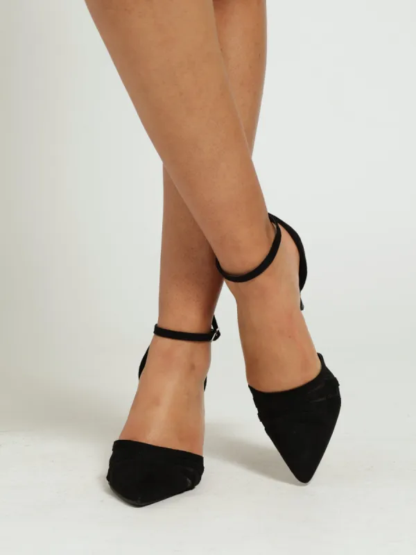 Mesh Insert Kitten Court Heel With Ankle Straps - Black sold by Edgars