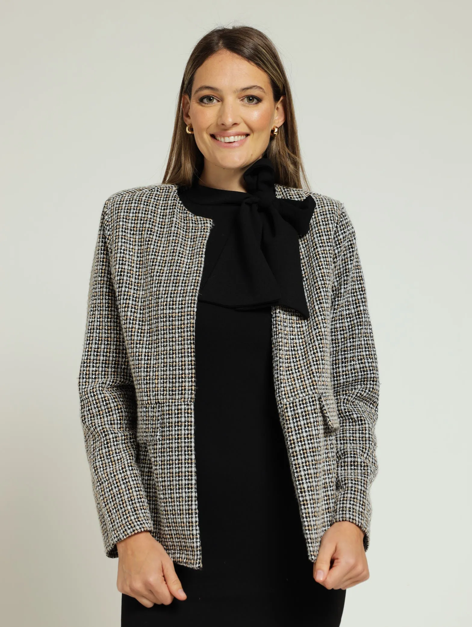Tweed Collarless Jacket - Black sold by Edgars