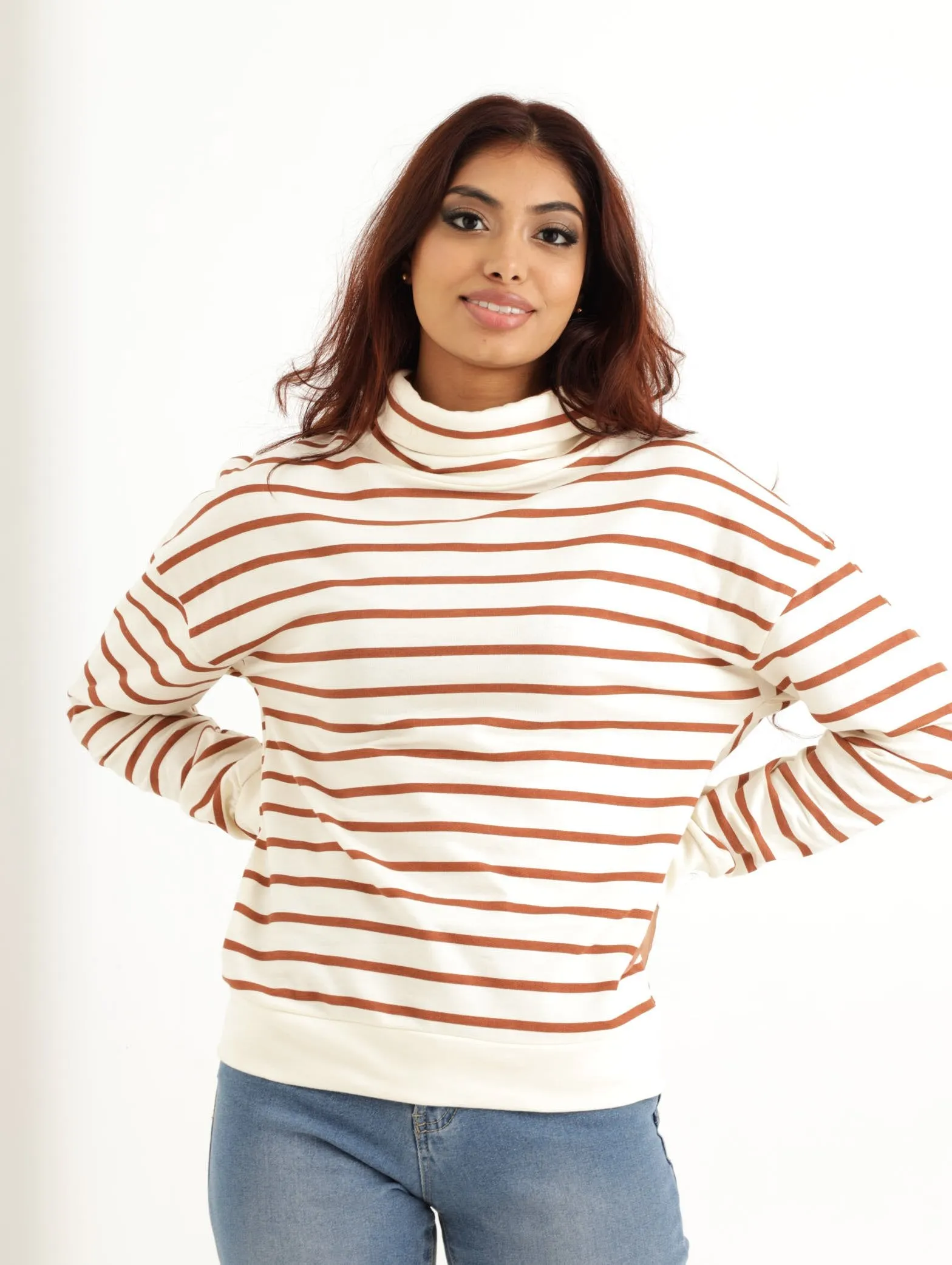 Ladies Striped Funnel Pullover - Rust sold by Edgars