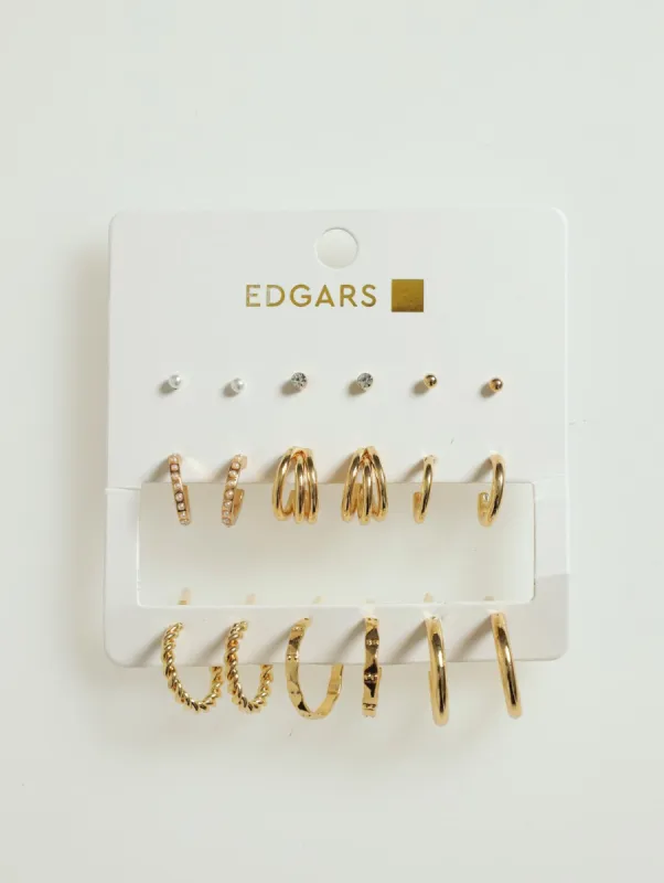 9 Pack Studs, Diamante & Twisted Hoop Earings - Gold made by Edgars