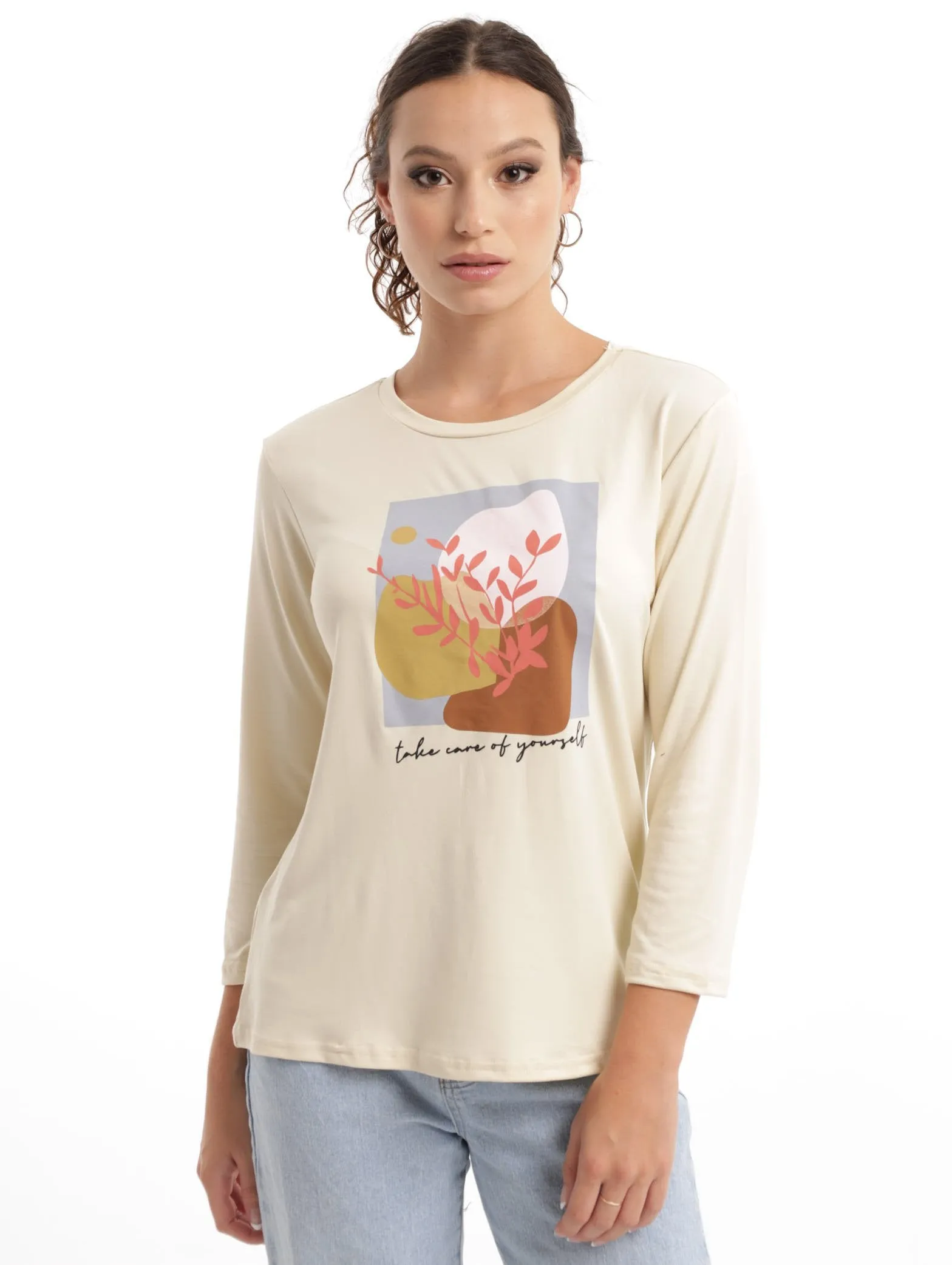 Ladies 3 Quater Sleeve Take Care Tee - Cream sold by Edgars