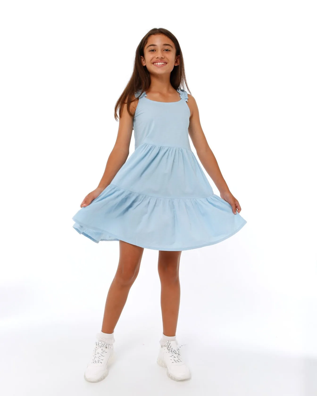 Girls Shoulder Pleat Tiered Dress - Light Blue sold by Edgars