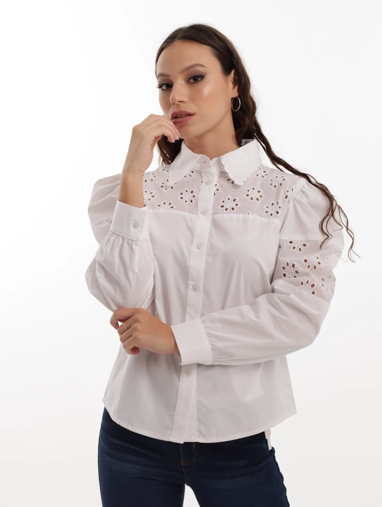 Ladies Stretch Poplin Shirt With Anglaise Insets - White sold by Edgars