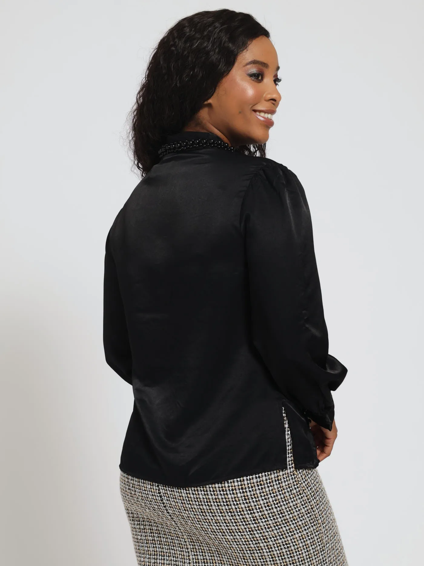Long Sleeve Satin Pearl Detail Shirt - Black sold by Edgars product image thumbnail 4