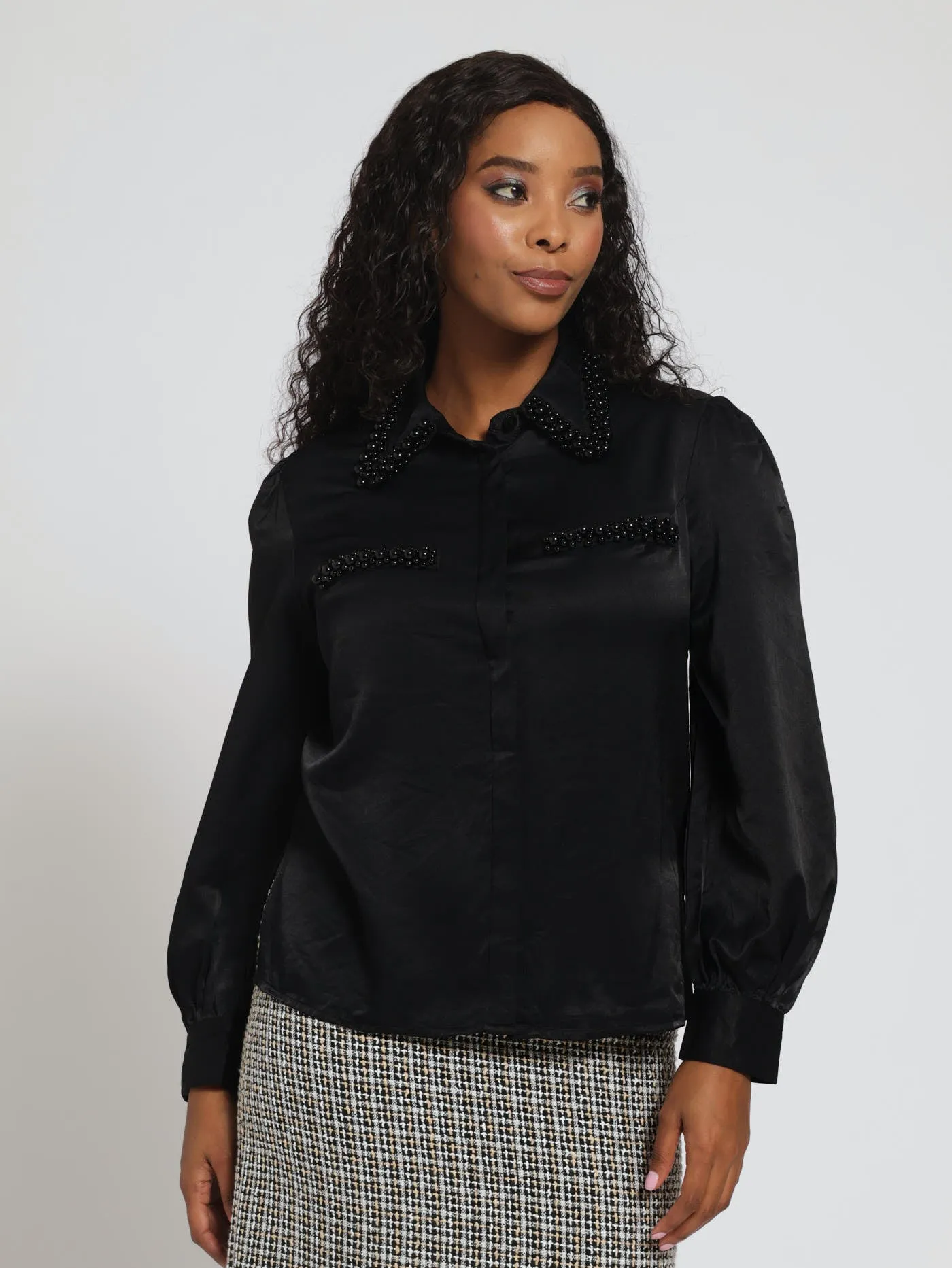 Long Sleeve Satin Pearl Detail Shirt - Black sold by Edgars