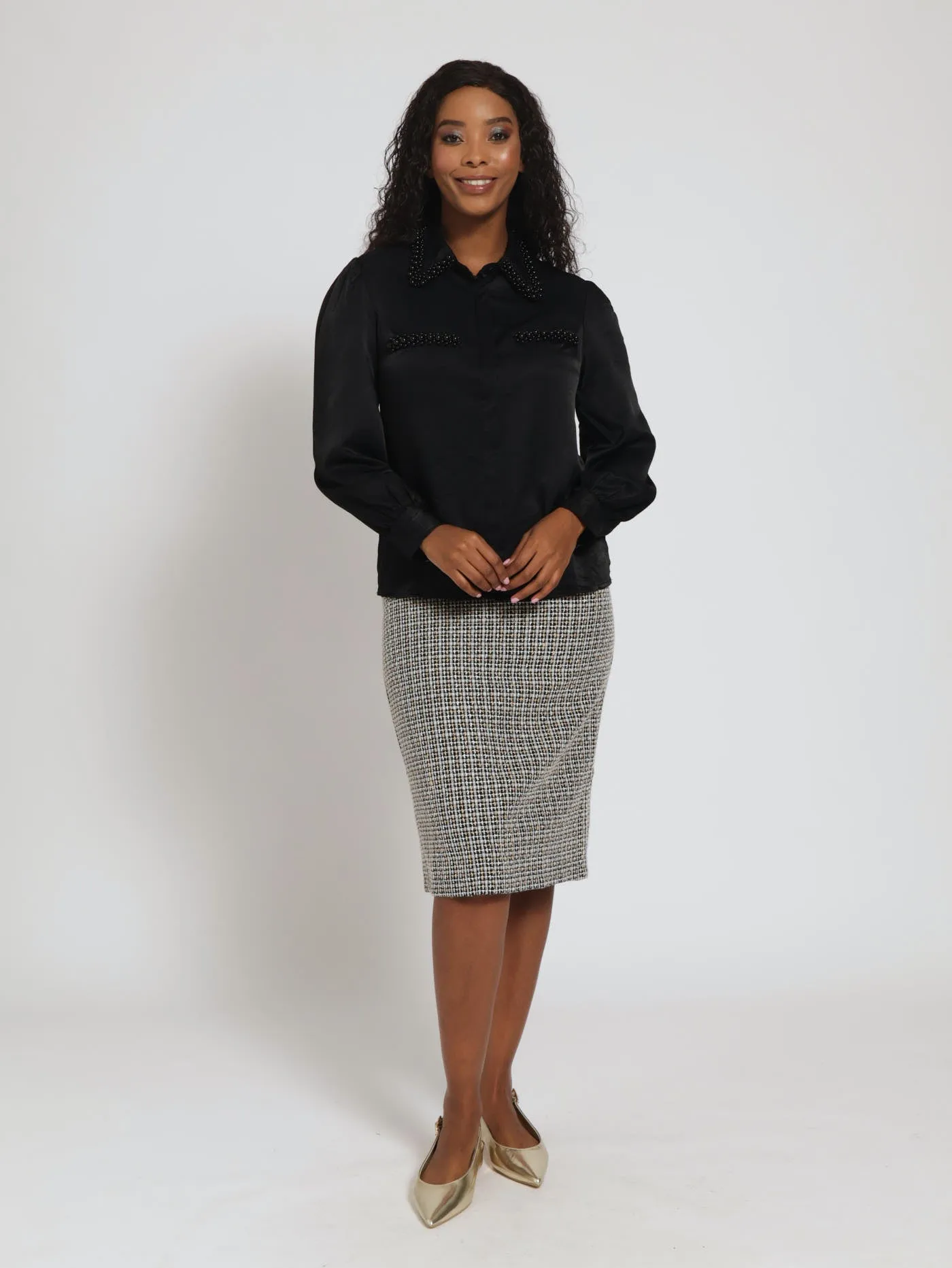 Long Sleeve Satin Pearl Detail Shirt - Black sold by Edgars product image thumbnail 2