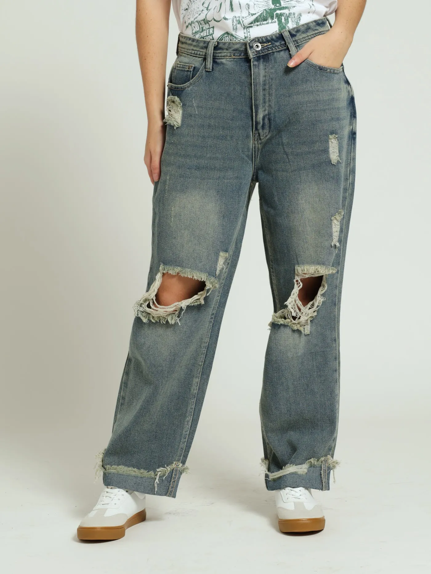 Ripped Knee Boyfriend Jean - Dark Wash/Brown sold by Edgars