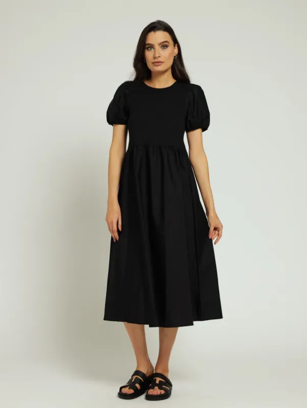 Puff Sleeve Rib Combo Midi Dress - Black sold by Edgars