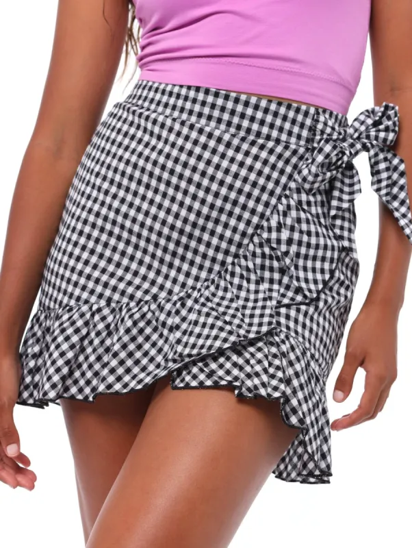 Ladies Gingham Ruffle Tie Mini Skirt - Black sold by Edgars