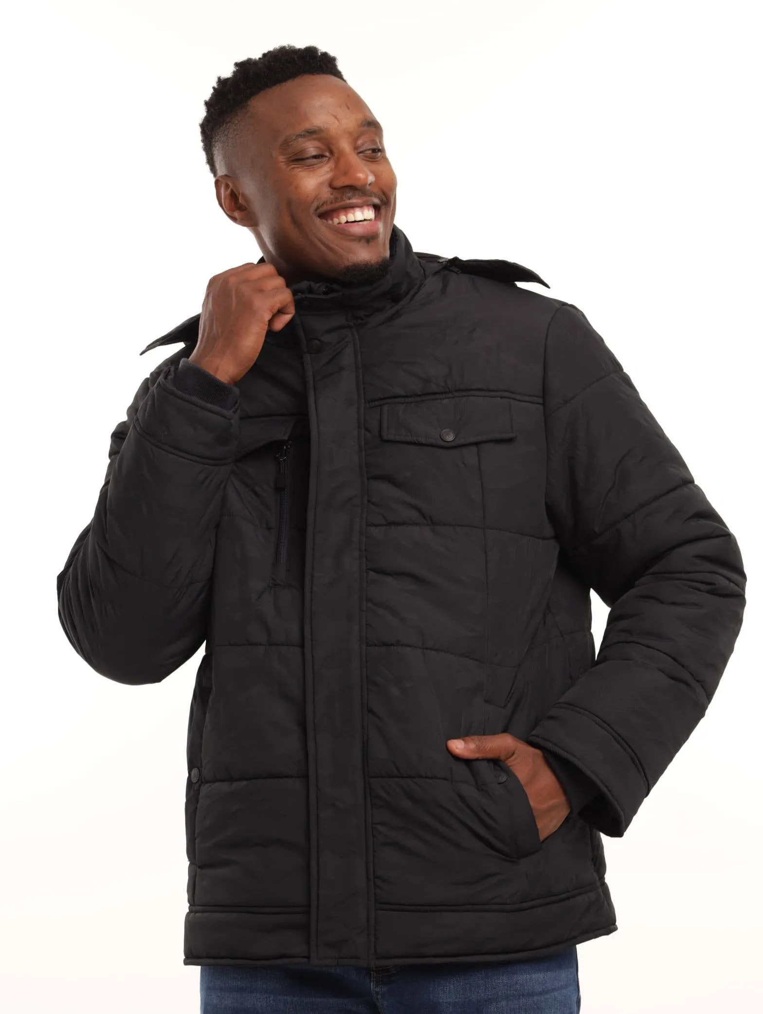 Men's Camo Puffer Jacket - Black sold by Edgars
