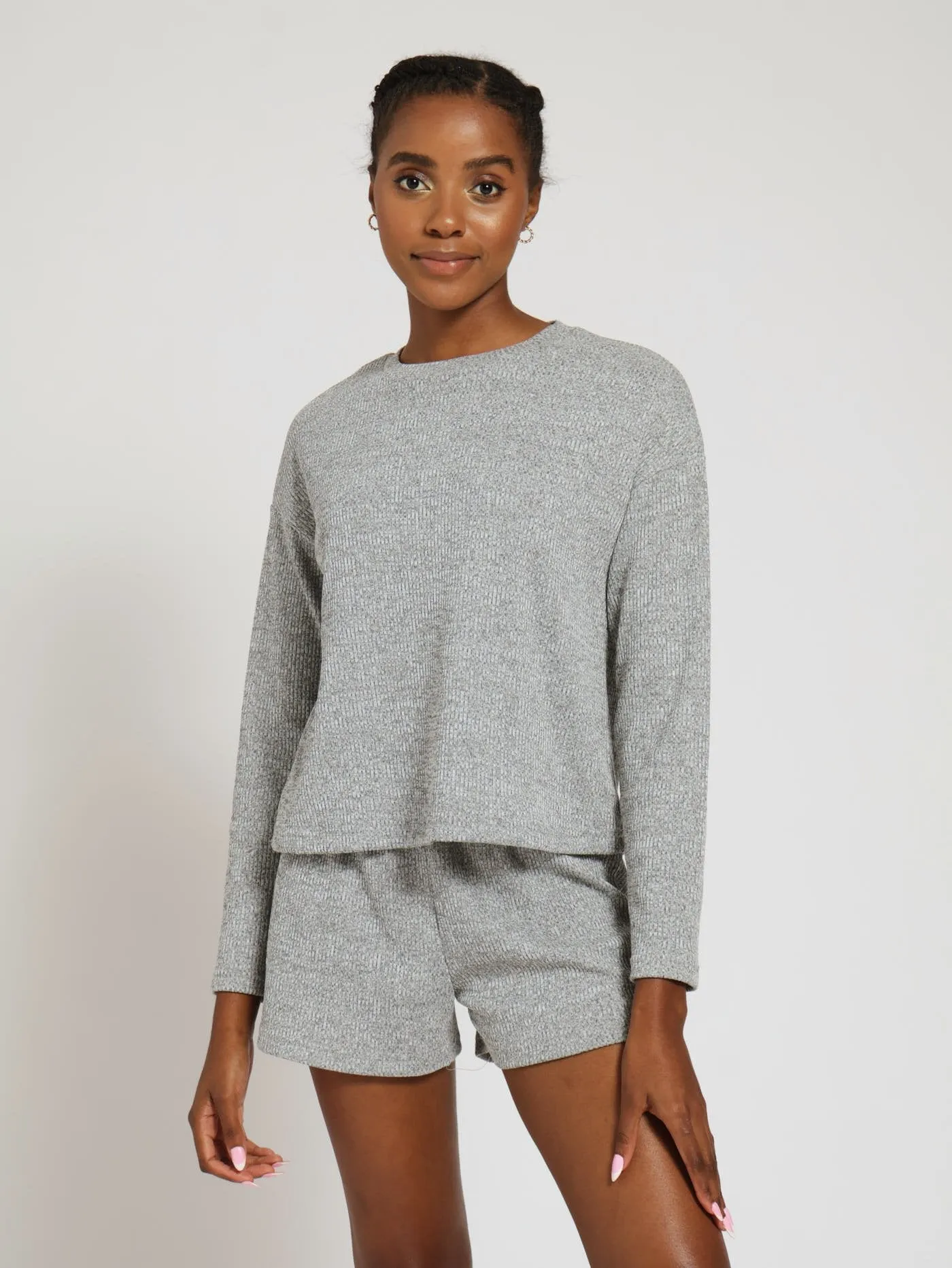 Long Sleeve Rib Knit Pullover Shirt & Short Pj Set - Grey Melange sold by Edgars