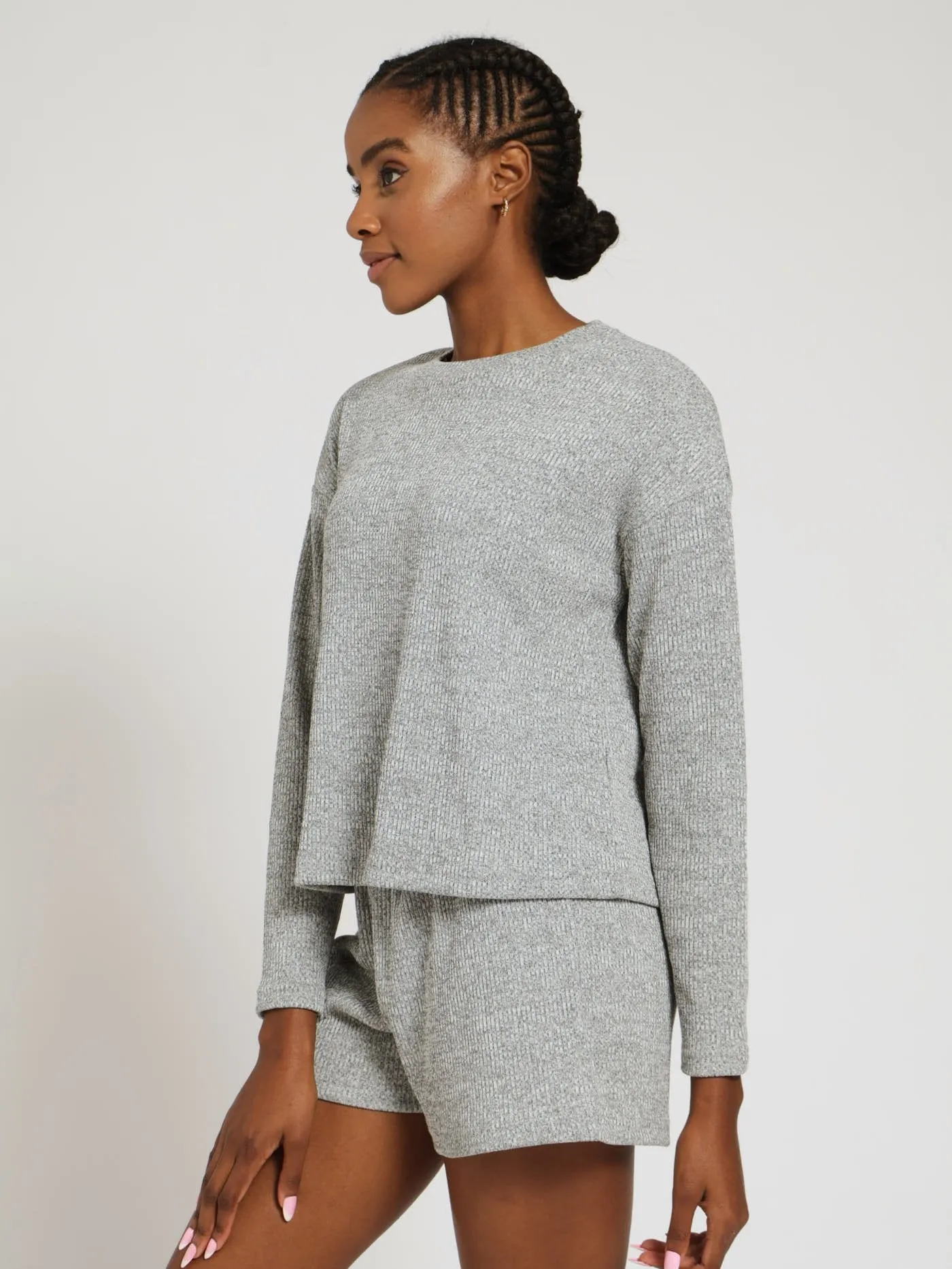 Long Sleeve Rib Knit Pullover Shirt & Short Pj Set - Grey Melange sold by Edgars product image thumbnail 2