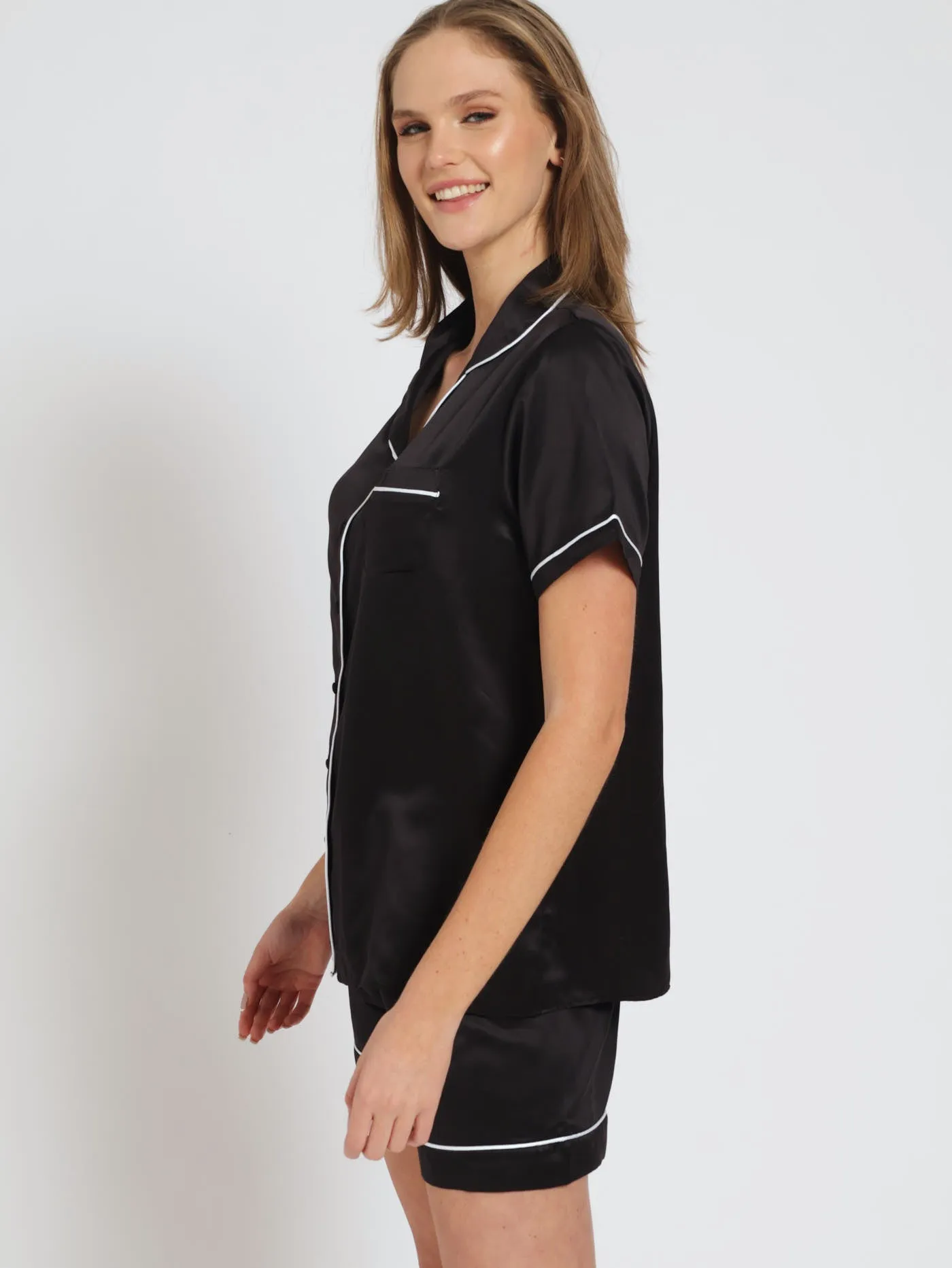 Button Through Plain Satin Shorts Sleepset - Black sold by Edgars product image thumbnail 2