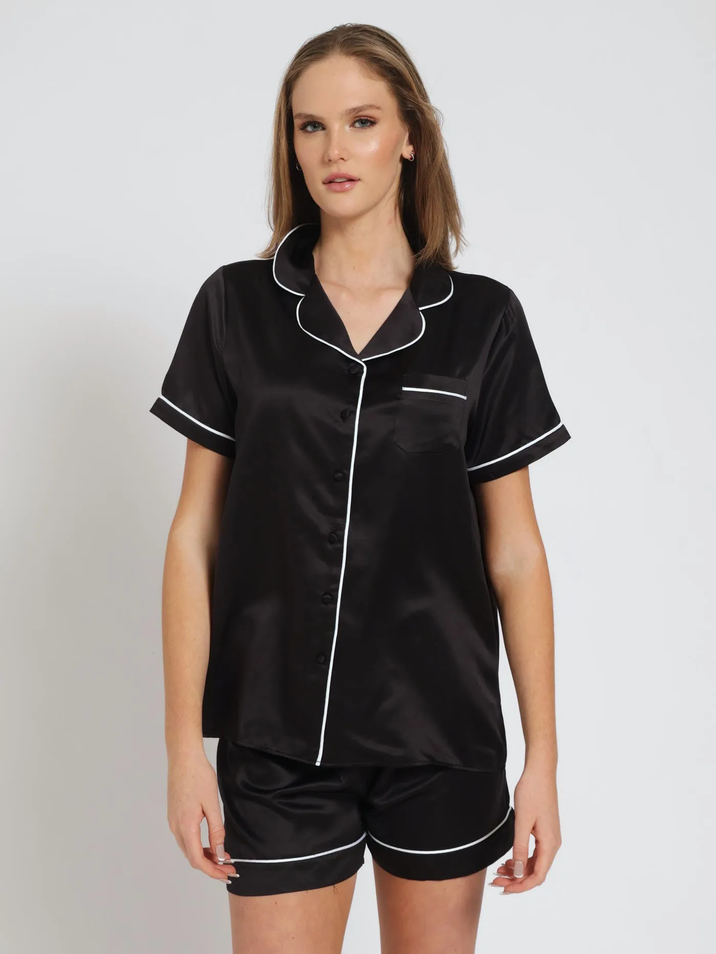 Button Through Plain Satin Shorts Sleepset - Black sold by Edgars