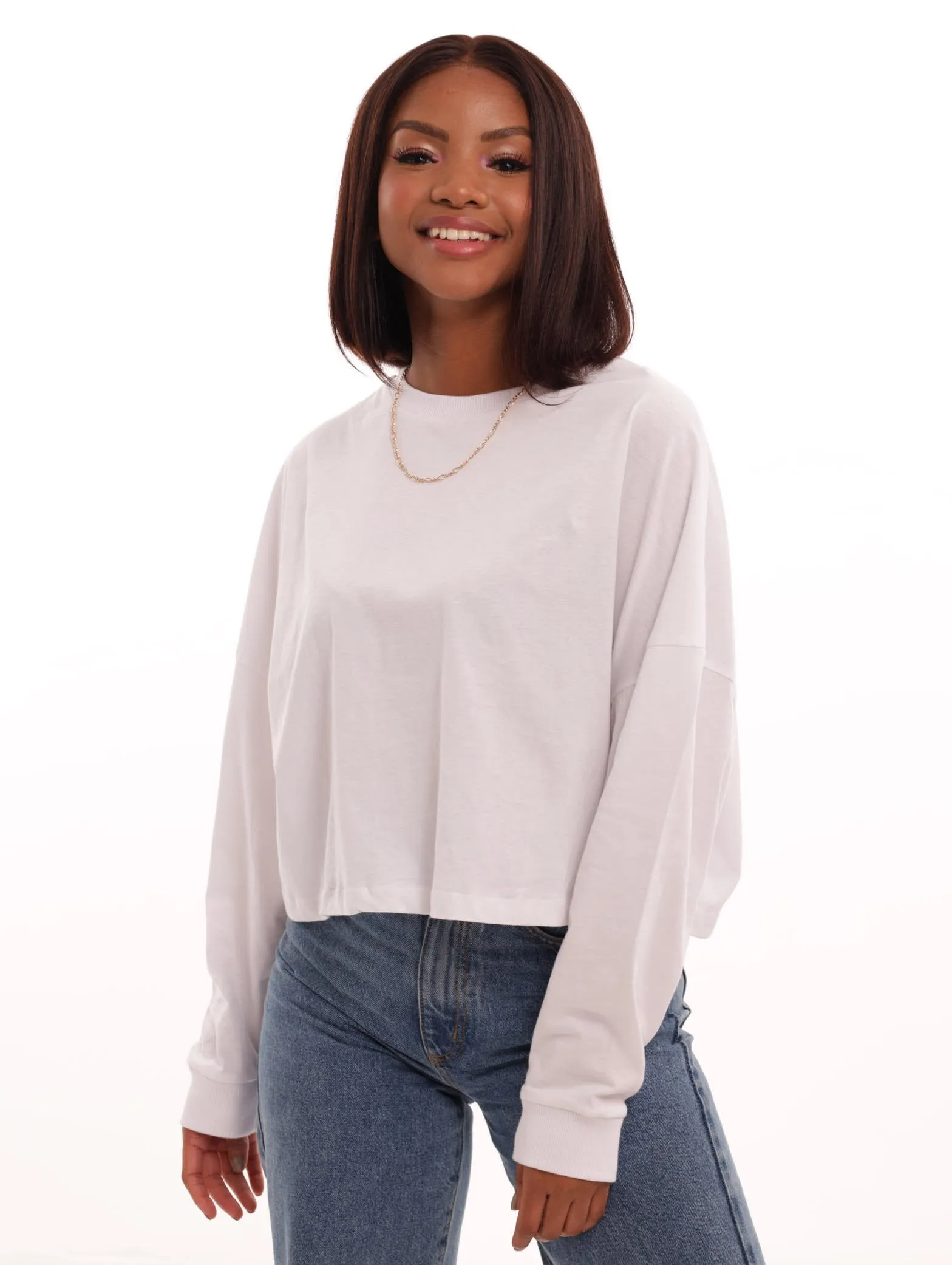 Ladies Long Sleeve Basic Boxy Top - White sold by Edgars