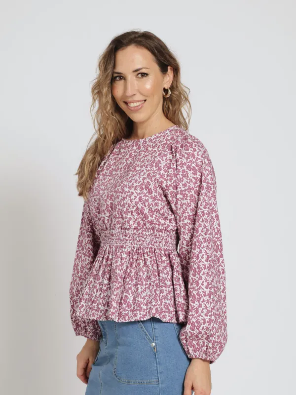 Long Sleeve Poplin Puff Sleeve Top Wiht Shirred Waist sold by Edgars