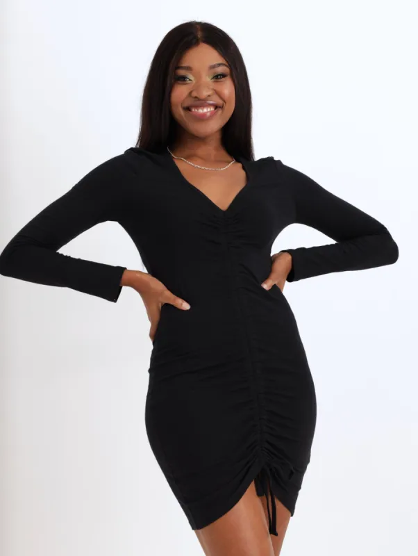 Ladies Long Sleeve Rouch Front Dress - Black sold by Edgars