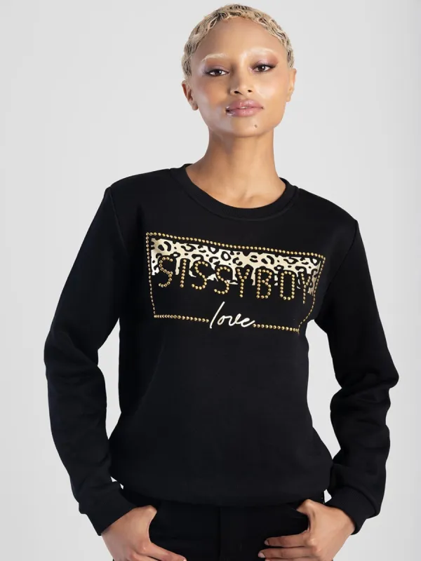 Printed & Gold Stud Logo Sweat Top - Black sold by Edgars